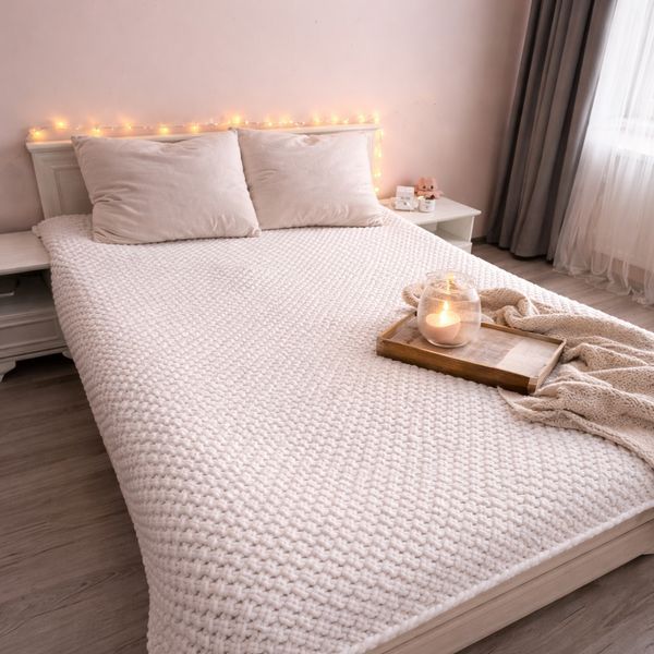 Подарунковий набір &ldquo;Evening Ritual&rdquo; з плюшевим Пледом ручної роботи 200х220 см білий колір, свічкою та білим шоколадом 13813-200х220 фото