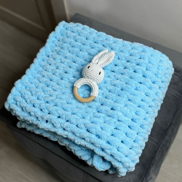 Подарунковий набір "Sweet Bunny" з плюшевим пледом ручної роботи Зефір та зайчиком-гризунцем білим 100х100 см блакитний колір 13807-100х100зайбіл фото
