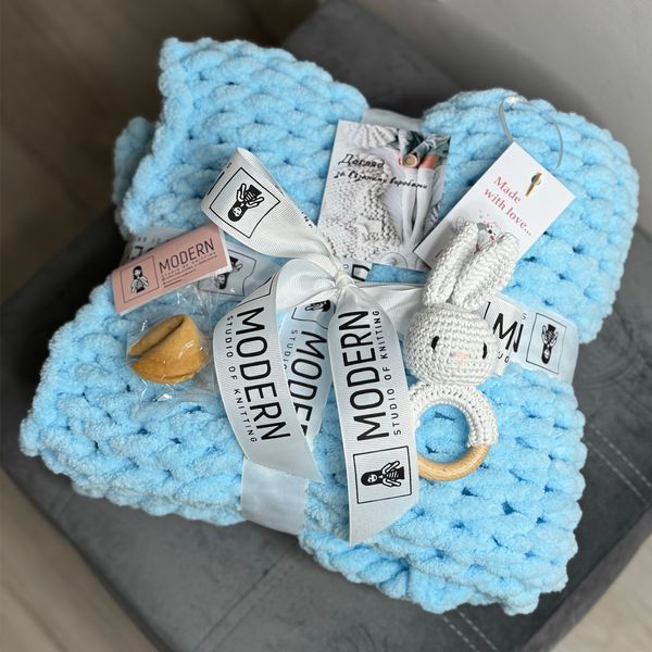 Подарунковий набір "Sweet Bunny" з плюшевим пледом ручної роботи Зефір та зайчиком-гризунцем білим 100х100 см блакитний колір 13807-100х100зайбіл фото
